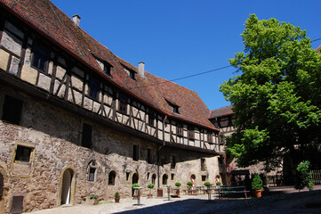 Fototapeta na wymiar Inner courtyard of the Lichtenberg Castle, considered one of the oldest of Staufer family castles. It is the biggest castle ruin in Palatinate region, Germany