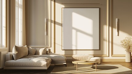 A serene living room with a grand empty canvas frame, bathed in soft golden light.