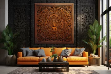 Fotobehang Showcase wall decor that draws inspiration from different cultures and traditions around the world. Capture the vibrant colors, intricate patterns, and unique styles that add a global flair to the spa © Amer