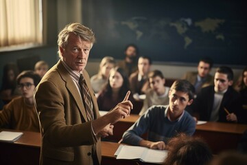 
Students questioning professor in classroom