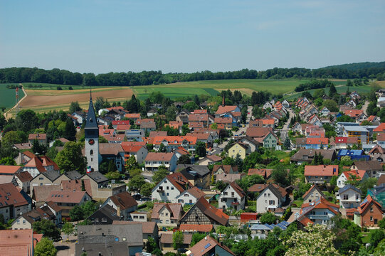 Aerial view of the town of Beilstein, in the district of Heilbronn, as seen from Hohenbeilstein Castle in Baden-Wurttemberg, Germany