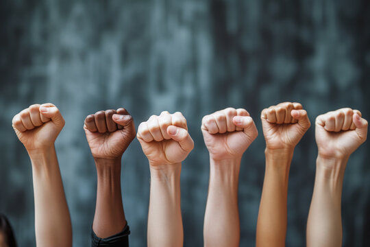 A group of clenched fists, concept of union and awareness against cancer.
