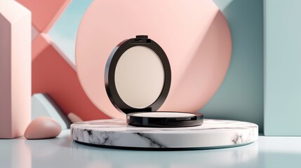  a white and black object sitting on top of a marble table next to a pink and blue wall with a circular object in the middle of the image on a marble surface.