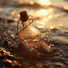 Message in a bottle on the seashore at sunset. Conceptual image - obrazy, fototapety, plakaty