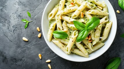  a bowl of pasta with pesto, pine nuts, and parmesan sprinkles on a gray surface with basil leaves and pine nuts on the side.