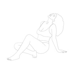 Hand Drawn Woman rests sitting on a surface with her head thrown back and leaning on her left arm.