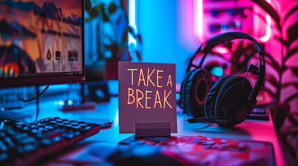 Phrase Take a break written with a marker on a paper note next to a computer at home