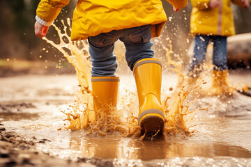Children in yellow wellington boots playing in puddles of water and dirt