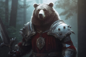 Bear with armor in the forrest. Generated AI - obrazy, fototapety, plakaty