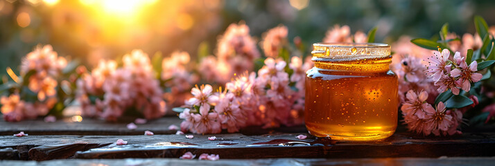 Honey in a jar against the background of flowers and blurred background - obrazy, fototapety, plakaty
