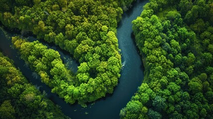  an aerial view of a river in the middle of a forest with lots of green trees on either side of it and a blue river running through the center of it. - obrazy, fototapety, plakaty