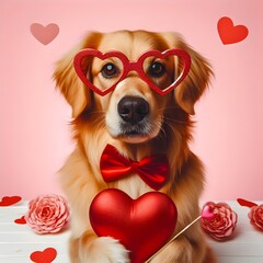 A dog in red heart shaped glasses celebrating valentine's day. Isolated on pink background.