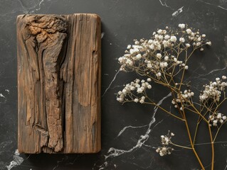 Minimalistic Floral Arrangement with Wood Piece and Book on Black Marble AI Generated