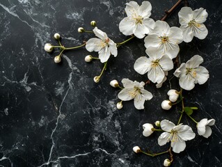 Minimalistic Emotional Flat Lay of White Flowers Against Black Marble AI Generated