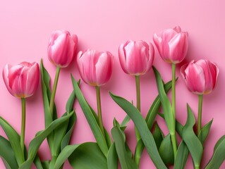 Beautiful Pink Tulips on Pastel Pink Background AI Generated