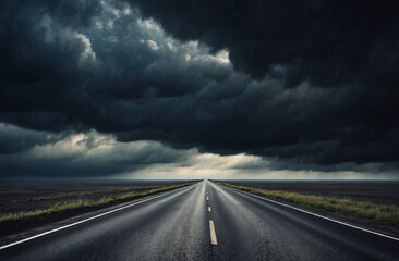 clouds over the road, driving in a dark road, straight road in a stormy weather