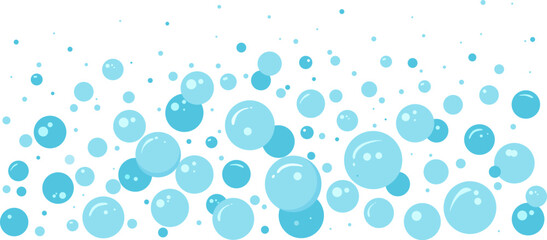 Blue foam bubble water, soap cartoon background, carbonated border, abstract suds pattern. Effervescent air ball stream. Soda pop, fizzy drinks, bath shampoo splash. Vector illustration - obrazy, fototapety, plakaty