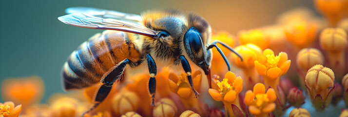 A bee on a flower, close-up and blurry bokeh background