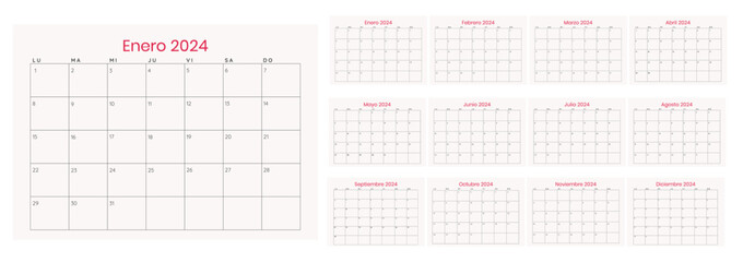 calendario 2024 mensual, grilla cada mes	 - obrazy, fototapety, plakaty
