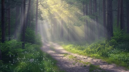 Fototapeta premium a painting of a dirt road in the middle of a forest with sunbeams shining through the trees on the other side of the road is a dirt path.