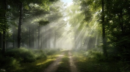 Obraz premium a dirt road in the middle of a forest with sunbeams shining through the trees on the other side of the road is a dirt path that runs through the woods.