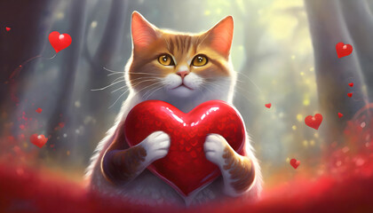 A red 3d heart in the paws of a cat, San valentine day.