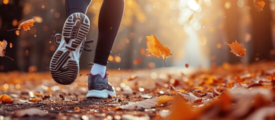 Female runner's feet in motion during autumn run, blurring in fitness exercise.