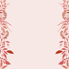 Szablon zaproszenia ślubnego. Elegancka kartka z dekoracją botaniczną w odcieniach  różu i beżu, z czerwonym akcentem. Kwiatowy wzór z liśćmi i gałązkami. - obrazy, fototapety, plakaty