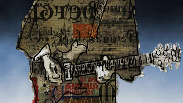 Guitar Player Newsprint Grunge 4K Loop features the outlines of a person playing an electric guitar composited over shifting newsprint with smoke rising behind in a loop.