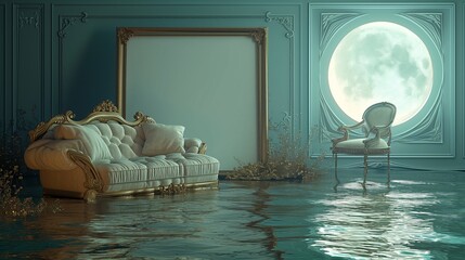 A wondrous living room with an empty canvas frame, a plush sofa, and an elegant chair, surrounded by shimmering water and bathed in the soft light of a magical moon