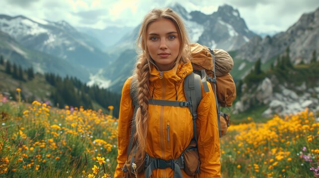  a woman in a yellow jacket with a backpack in a field of wildflowers with mountains in the back ground and clouds in the sky in the back ground.