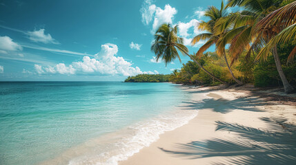 Pristine white sandy beach flanked by palm trees under a clear blue sky, epitomizing a tropical island paradise