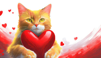 A red 3d heart in the paws of a cat. San valentine day.