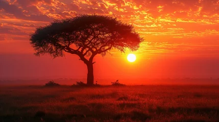 Fotobehang The sun dips below the horizon, casting a fiery glow over the African savannah, silhouetting an iconic acacia tree © jechm