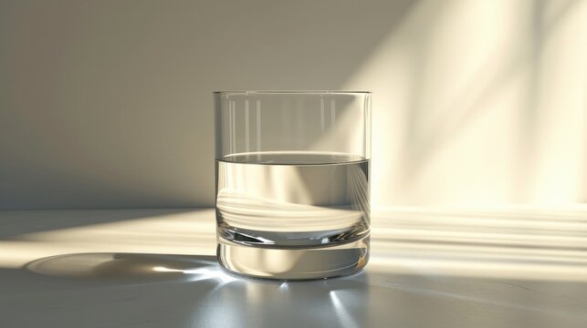  a glass of water sitting on a table next to a shadow of a light shining on the wall behind it and a shadow of a light shining on the floor.