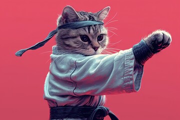 Karate fighter cat in a white kimono with a black belt and headband gets ready to fight isolated on pink background - obrazy, fototapety, plakaty