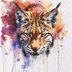 A captivating watercolor painting capturing the intense gaze of a lynx, surrounded by an explosion of color and emotion. This artistic expression is perfect for nature-inspired designs and contemporar