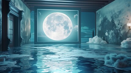 A wondrous living room with an empty canvas frame, surrounded by shimmering water and bathed in the soft light of a magical moon