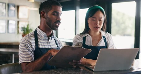 Business owner, teamwork and computer for restaurant profit, sales and stock inventory management on a checklist. Man, waiter and manager with documents, laptop and planning budget in a startup cafe