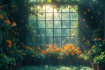 Sunset Glow in a Lush Greenhouse Garden