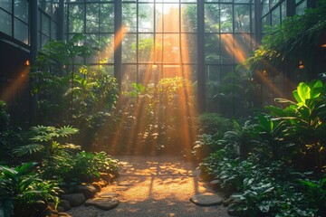 Sunset Glow in a Lush Greenhouse Garden - obrazy, fototapety, plakaty