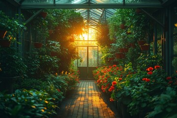 Warm sunset rays filter through a verdant greenhouse filled with blooming flowers and rich foliage