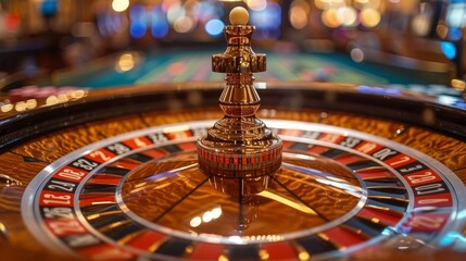 A detailed view of a casino roulette wheel with a stack of chips, capturing the thrill of gambling