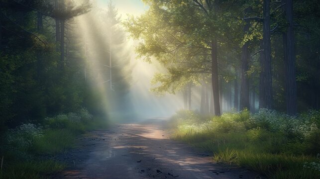  a painting of a dirt road in the middle of a forest with sunbeams coming through the trees and sunbeams coming through the trees on the ground.