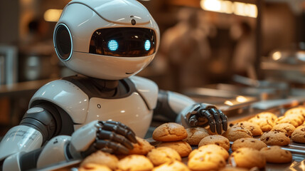 Cute robot assistant prepares delicious cookies for dinner in kitchen