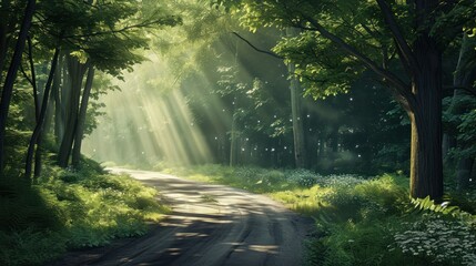  a painting of a dirt road in the middle of a forest with sunbeams shining through the trees on either side of the road is a dirt road surrounded by grass and trees.