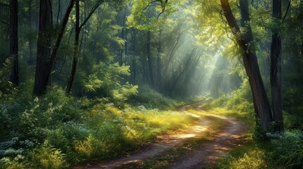  a painting of a dirt road in the middle of a forest with sunbeams shining through the trees on either side of the dirt road is a dirt road.