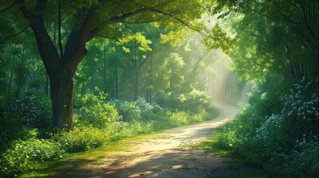  a painting of a dirt road in the middle of a forest with sunlight streaming through the trees on either side of the road is a dirt road that runs through the woods.