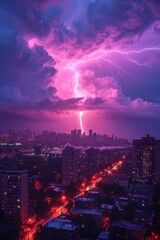 Obraz premium Vivid purple lightning bolts illuminate the sky above a densely populated city during twilight