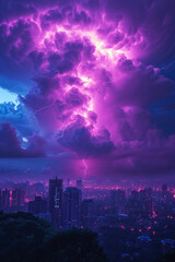 Fototapeta premium Dramatic Thunderstorm Over Cityscape at Twilight